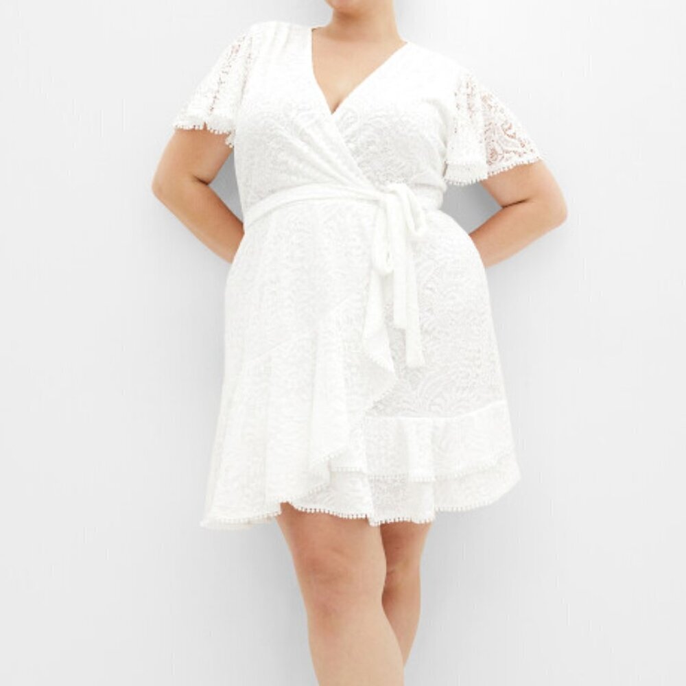 City Chic White Lace Wrap Mini Dress